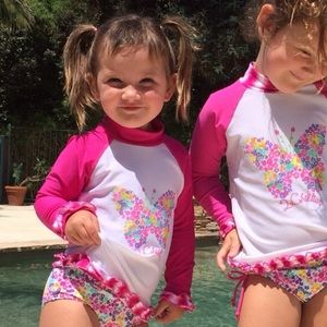 UPF Sun Protection White/Pink Butterfly Rash Guard